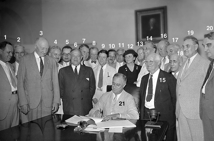 Composite photograph of people present at the signing of the 1935 Social Security Act